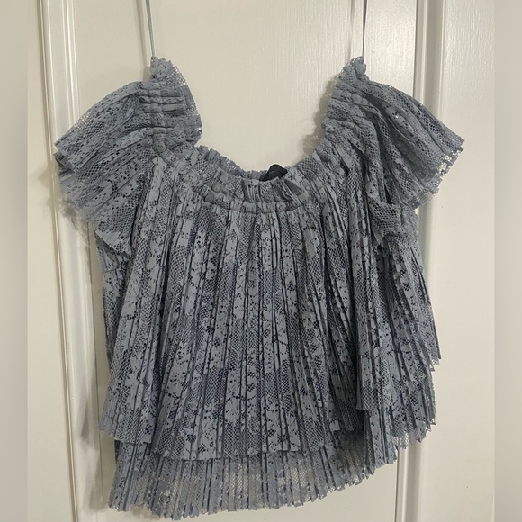 Zara Women's Small Blue Lace Off the Shoulder Tiered Top Flutter Sleeve - Picture 1 of 4